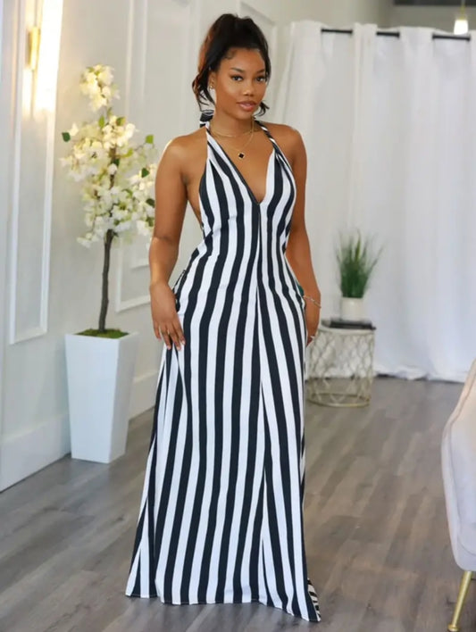 "Claire" Striped V-neck Halter Dress