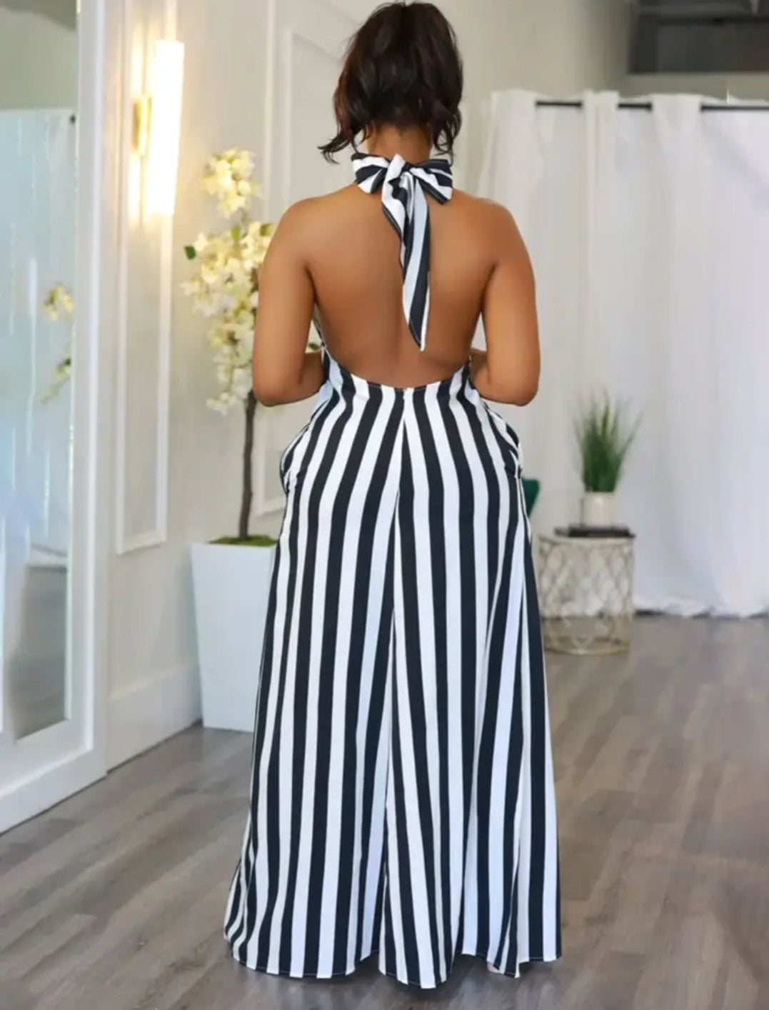 "Claire" Striped V-neck Halter Dress